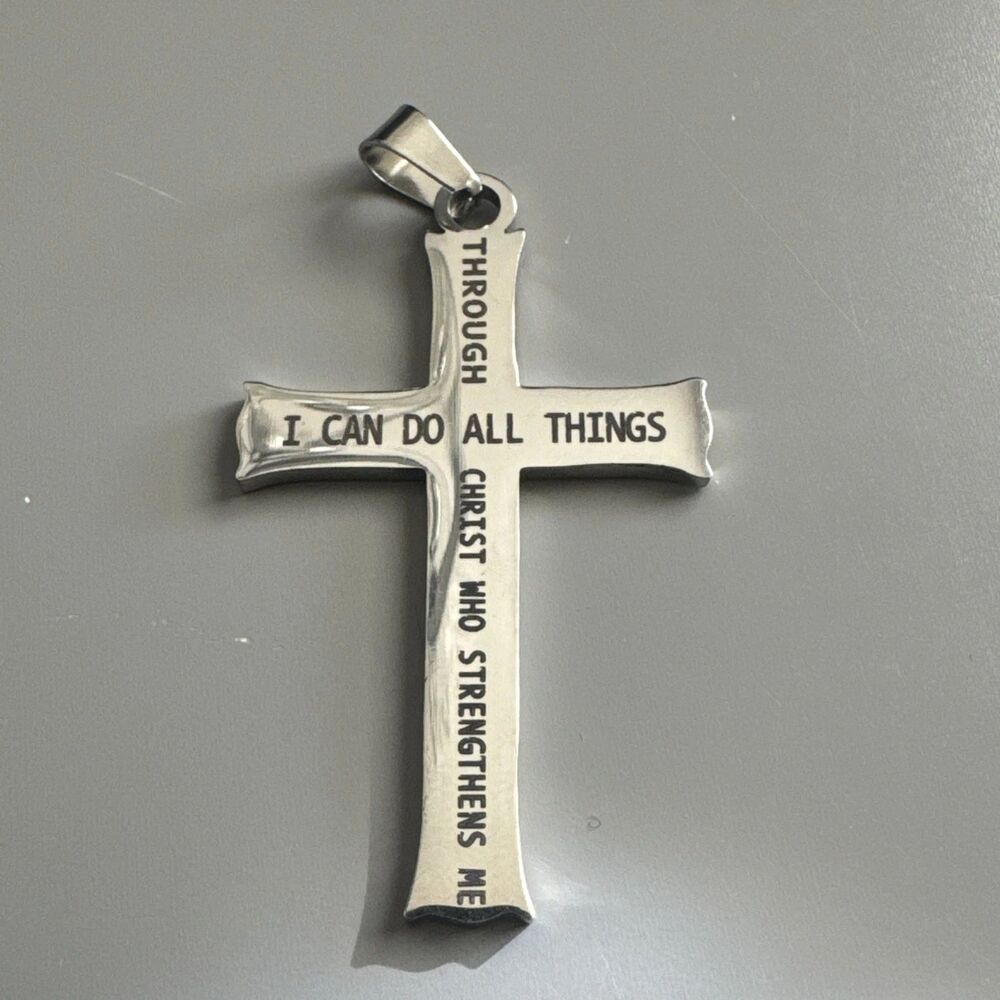 Cross Pendant Scripture Stainless Steel Silver Tone 24 Inch Cuban Link Chain